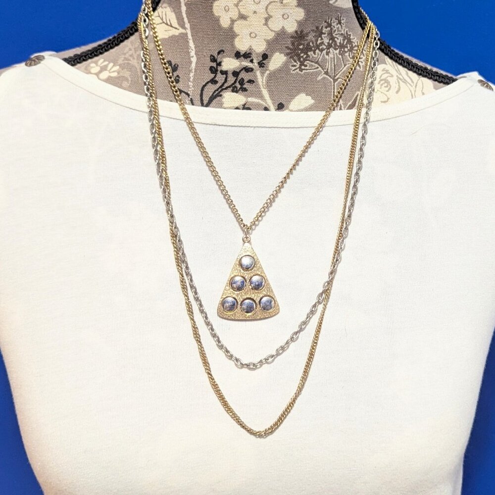 Multi-Strand Silver & Gold Tone Necklace w/ large Slice of Pizza Pendant! Fun!